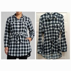 Eden & Olivia Button Front Tunic Top Plaid Black White XL Tie Waist Academia